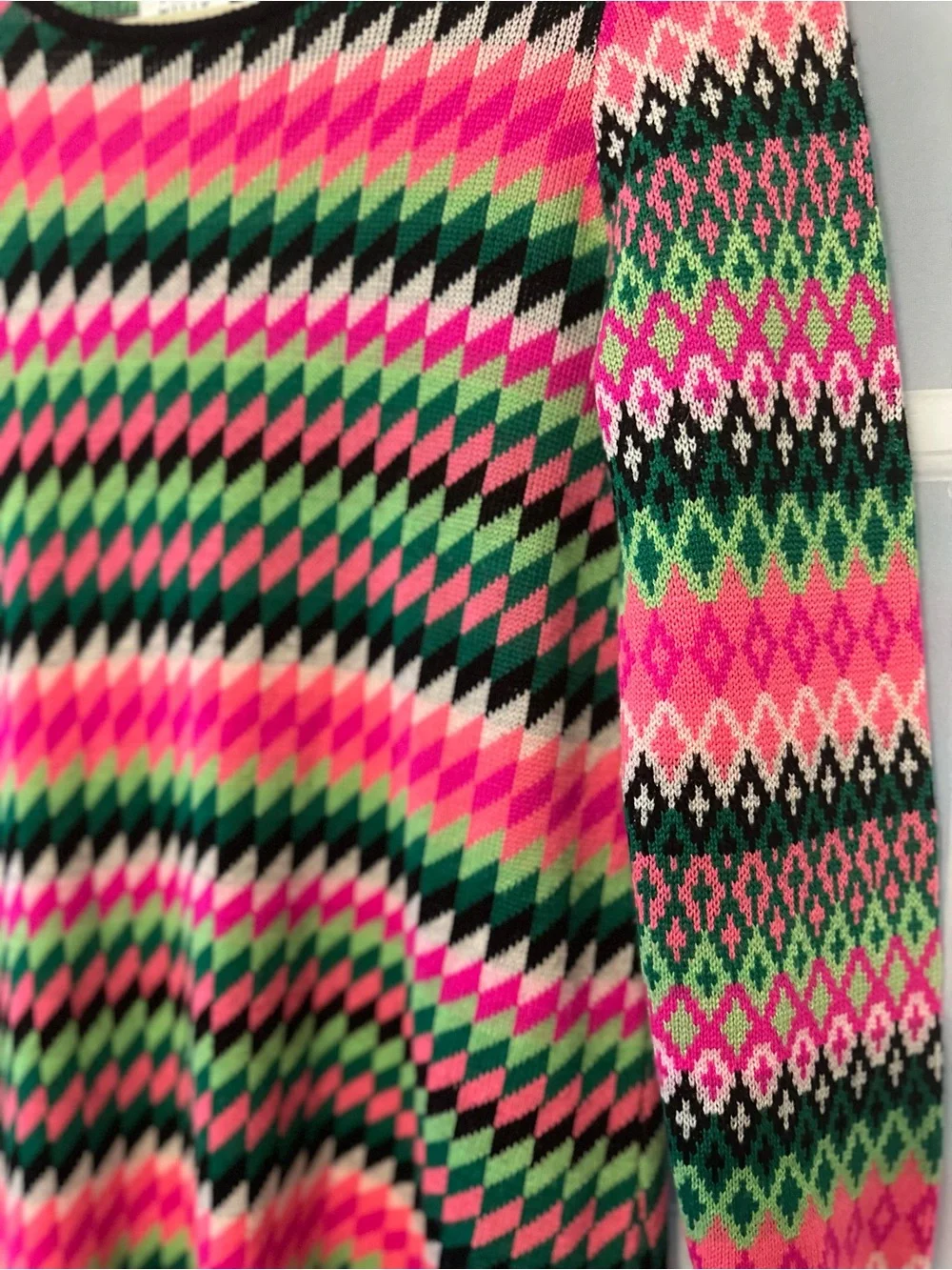 Milly Minis 100% Merino Wool Fair Isle Sweater Dress Pink Green Girls XL - 12 14